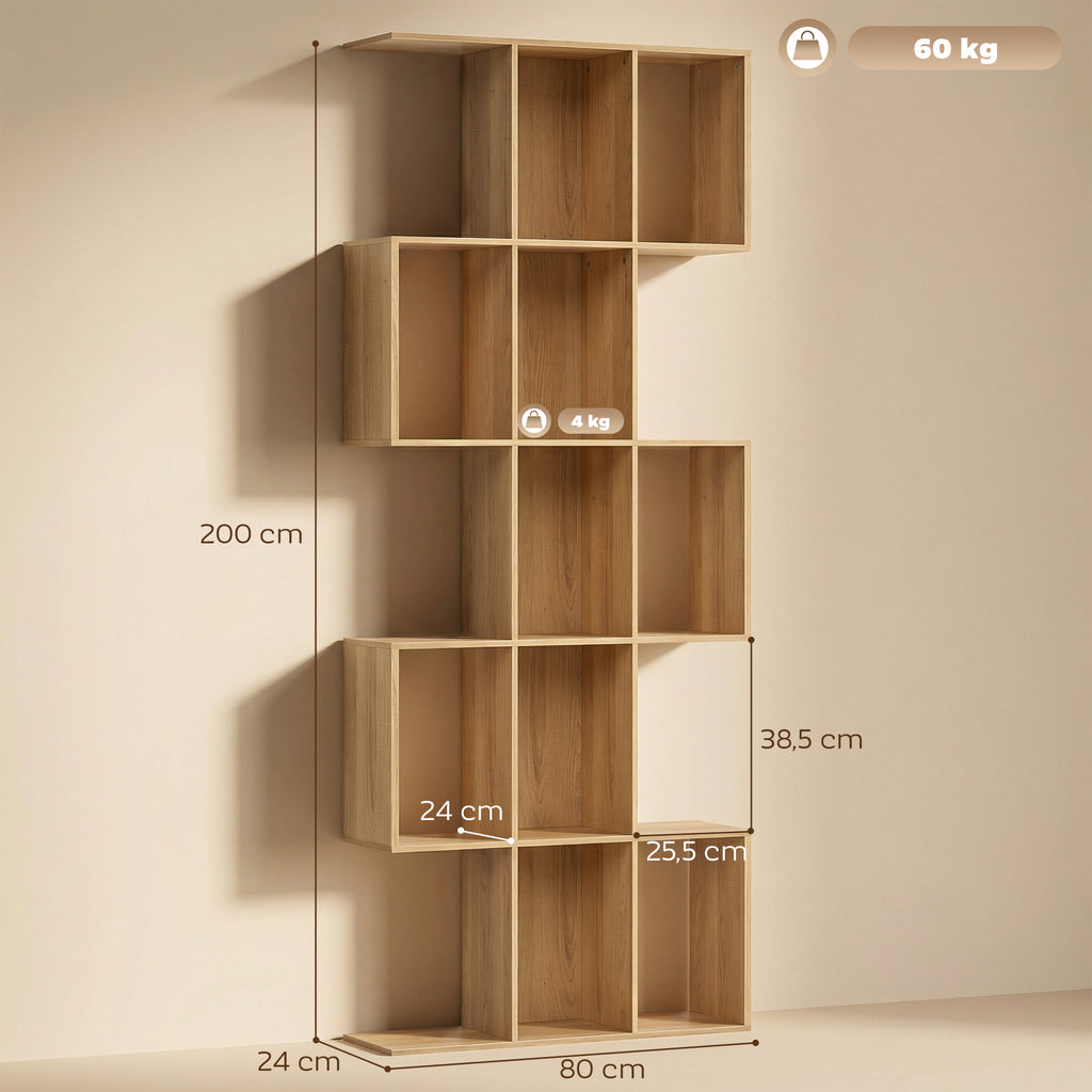Bibliothèque à 5 niveaux, étagère de rangement en forme S avec 15 compartiments ouverts, 80 x 24 x 200 cm, chêne-2