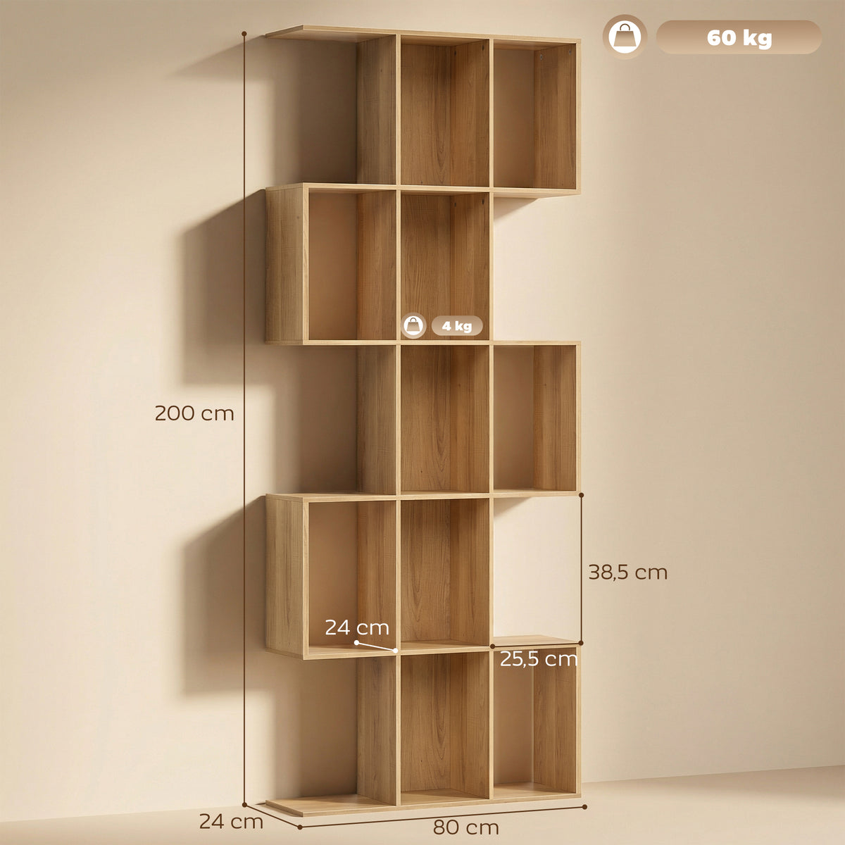Bibliothèque à 5 niveaux, étagère de rangement en forme S avec 15 compartiments ouverts, 80 x 24 x 200 cm, chêne-2