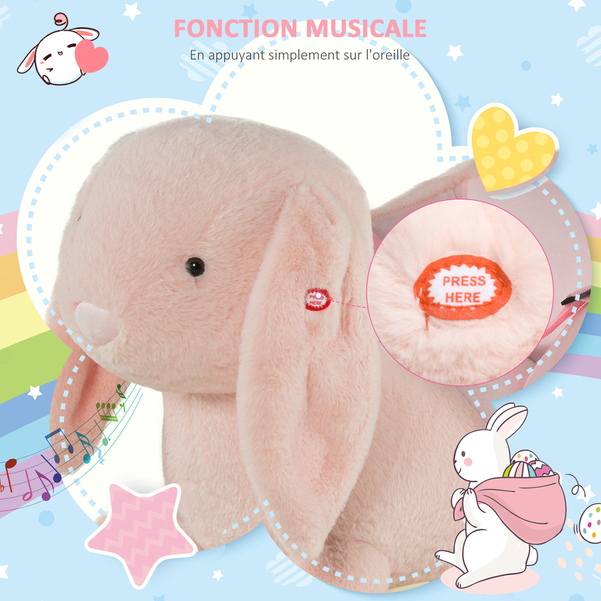 Cheval à Bascule Jouet à Bascule Lapin pour Enfants 18-36 Mois Fauteuil intégré Ceinture de sécurité Fonction sonore clapissement Rose-6