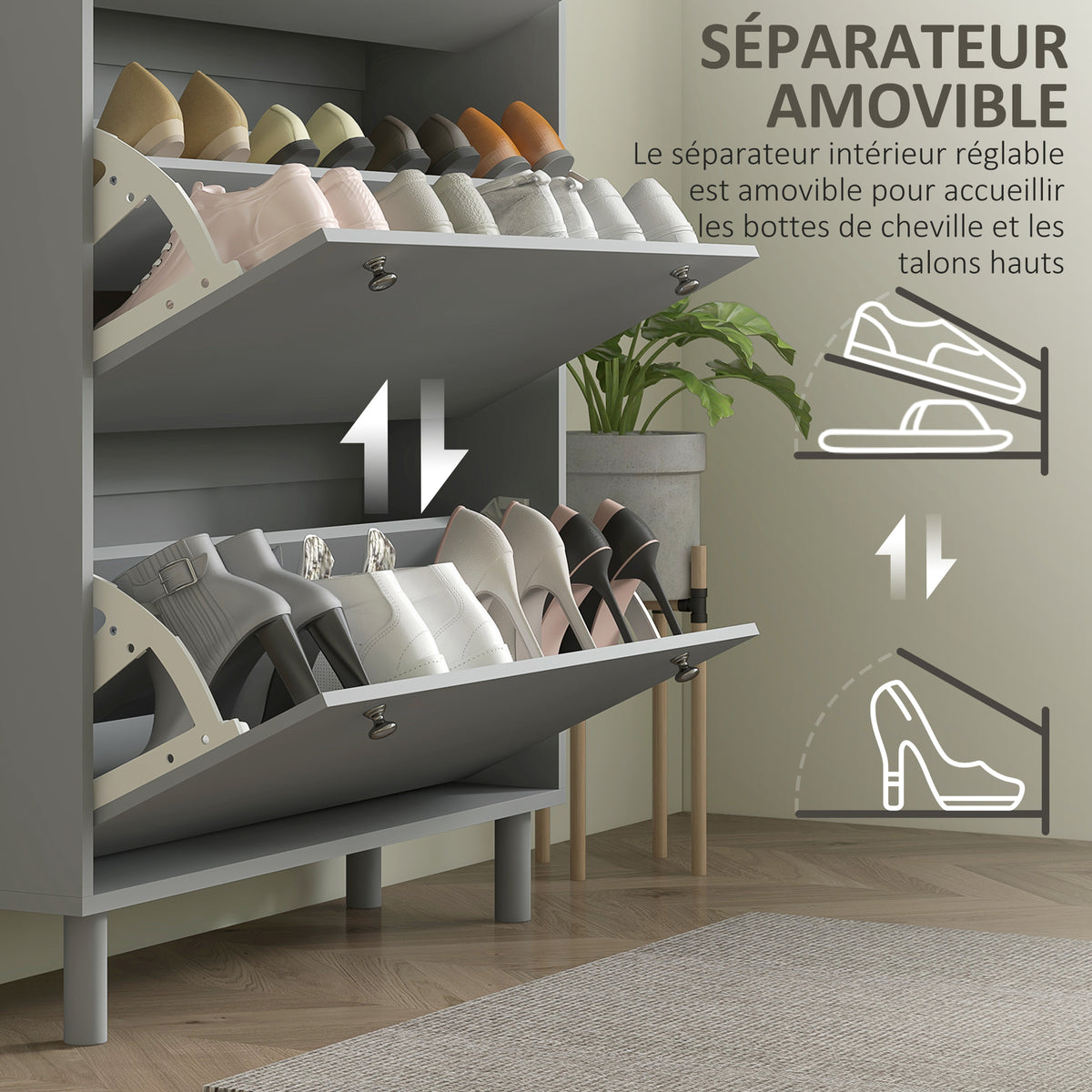 Meuble à chaussures 24 paires avec 3 tiroirs rabattables et étagères réglables, 80x23,5x121cm, gris-5