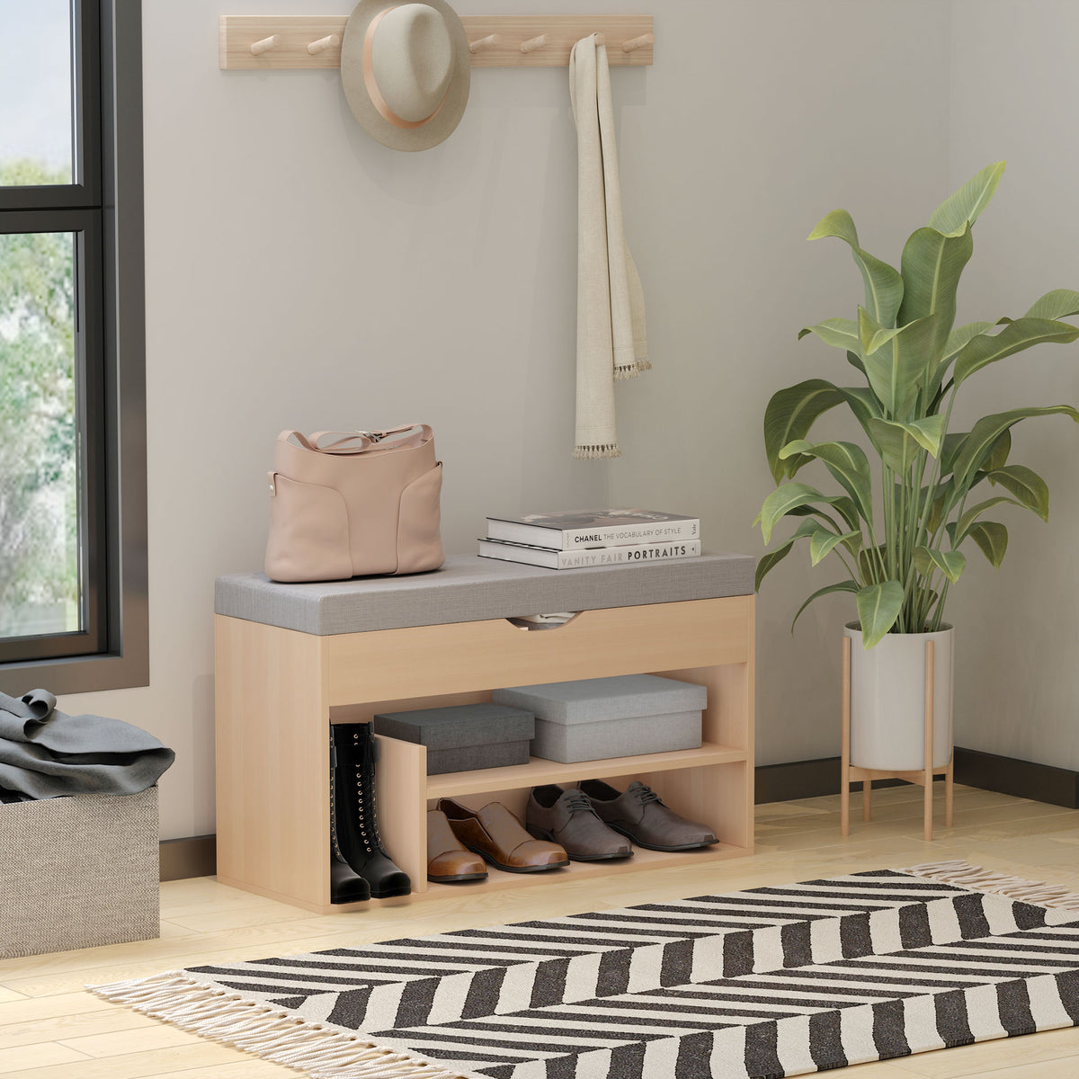 Meuble Chaussures Banc à Chaussures 2 Niveaux Rangement, Niche + Coffre intégré avec Coussin Beige Gris-1