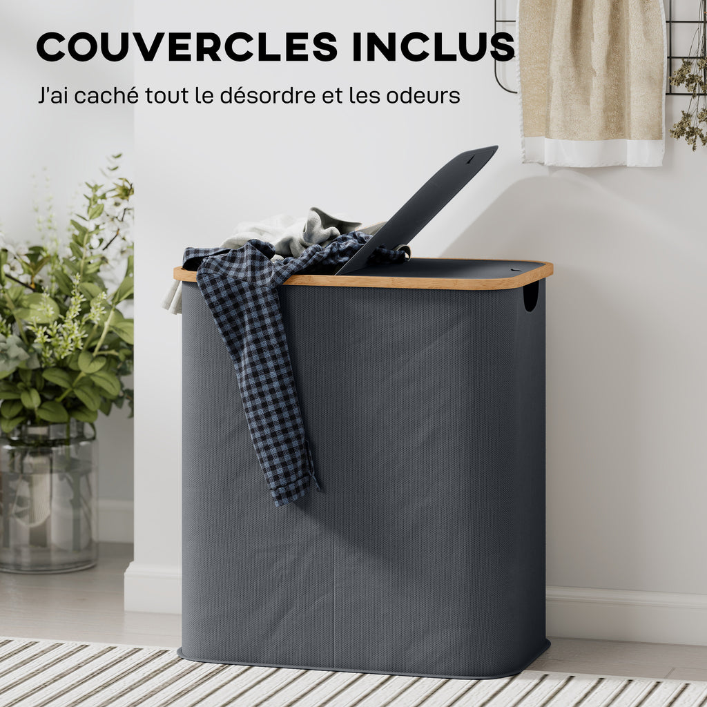 Panier à linge double pliable 80 L corbeille à linge sale avec couvercle, poignées rainurées, gris-4