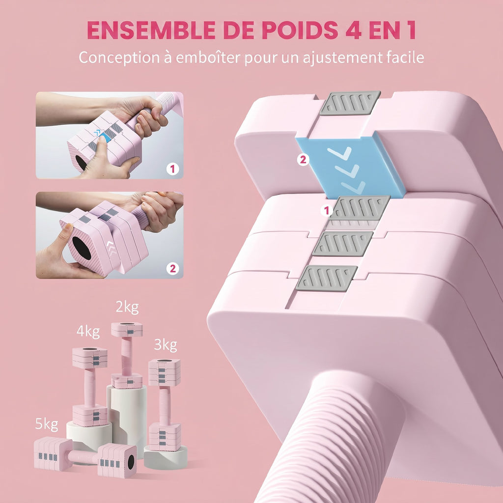 Ensemble d'Haltères Réglables 2 x 5 kg, Paires d'Haltères 1 kg/2 kg/3 kg/4 kg/5 kg avec Poignée Antidérapante, Rose-3