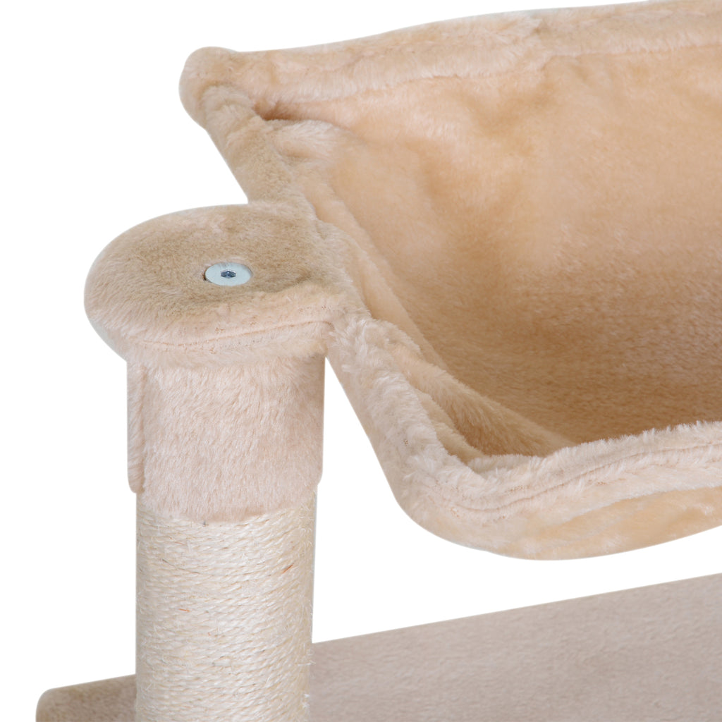 Arbre à chat 3 griffoirs grattoirs sisal naturel plateforme hamac et boule suspendue dim. 50L x 36l x 70H cm peluche courte beige-8