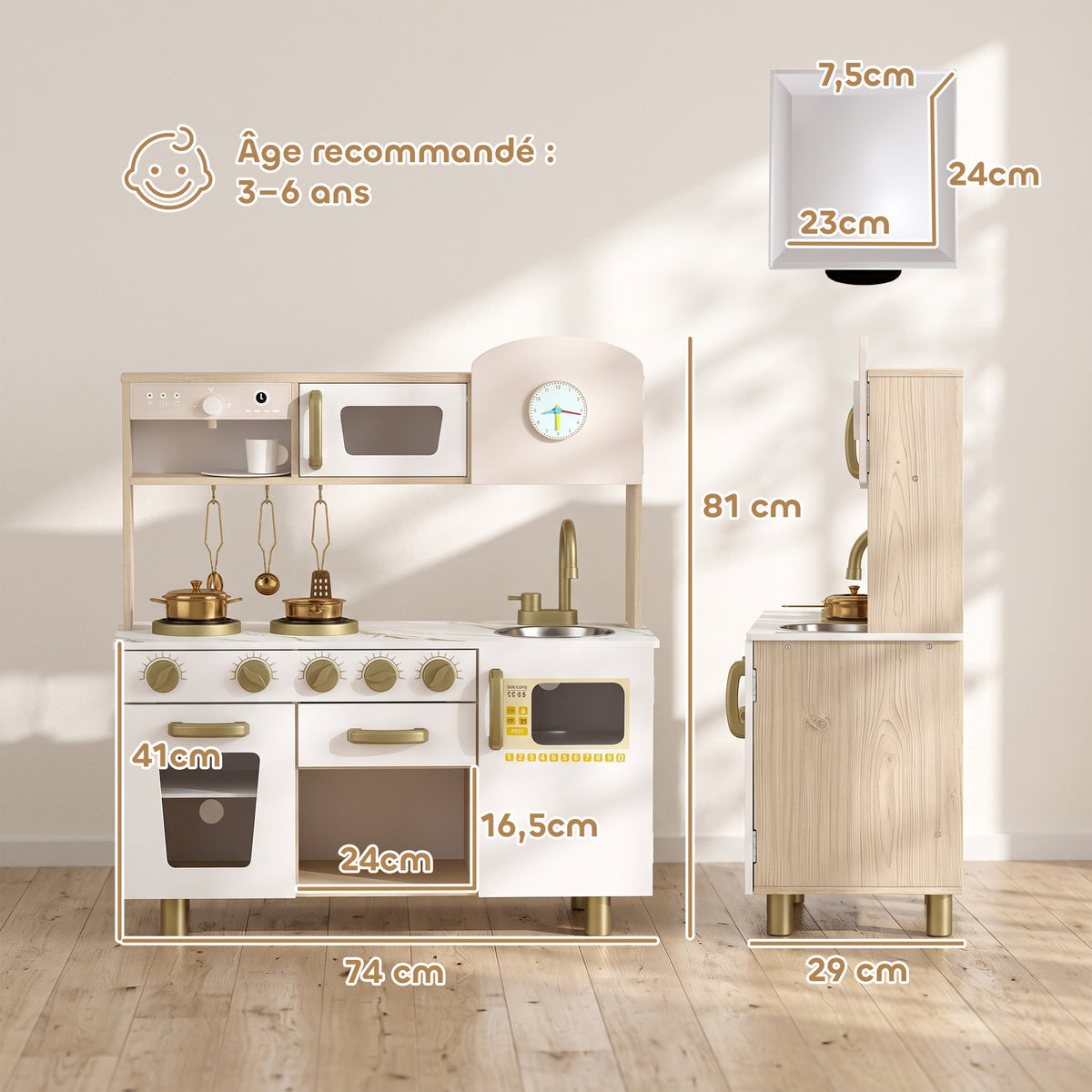 Cuisine Enfant en Bois, Dinette Cuisine Enfant avec Ustensiles en Acier Inoxydable, pour 3 à 6 Ans, 74x29x81cm, Blanc-2
