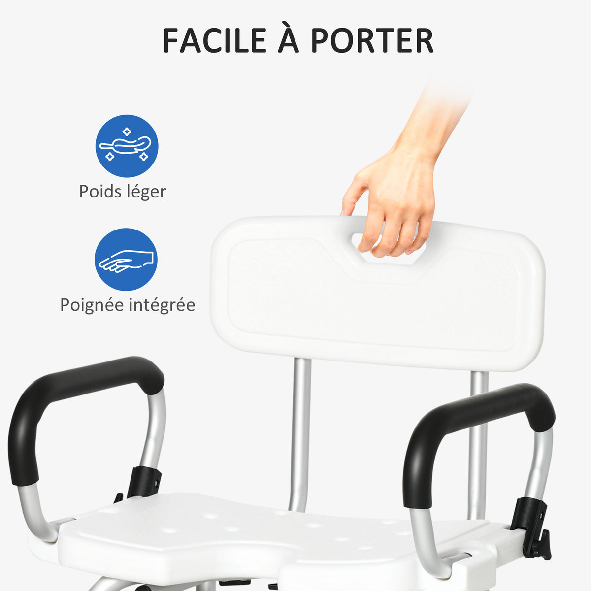 Chaise de douche, tabouret de douche réglable en hauteur avec dossier et accoudoirs rabattables, assise U, pieds antidérapants à ventouses, pour personnes âgées et handicapées, alu HDPE, blanc-7