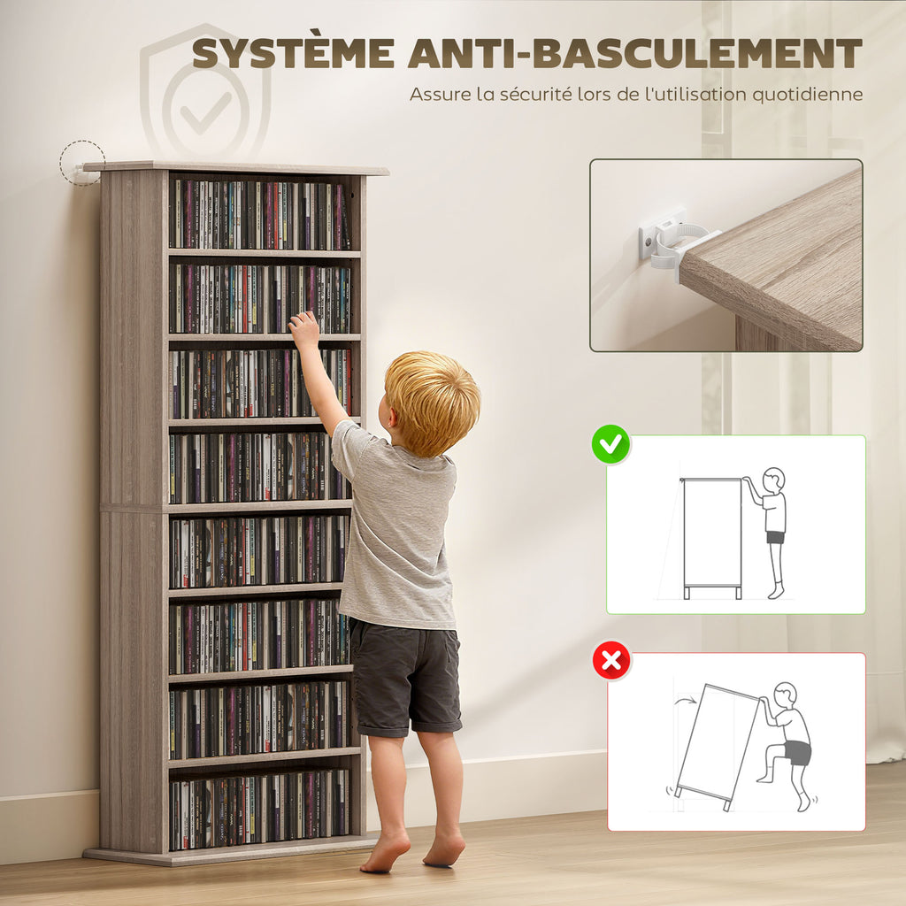 Rangements pour CD et DVD avec 8 compartiments et 6 étagères réglables, capacité max. 360 CD/185 DVD et Blu-ray, naturel-5