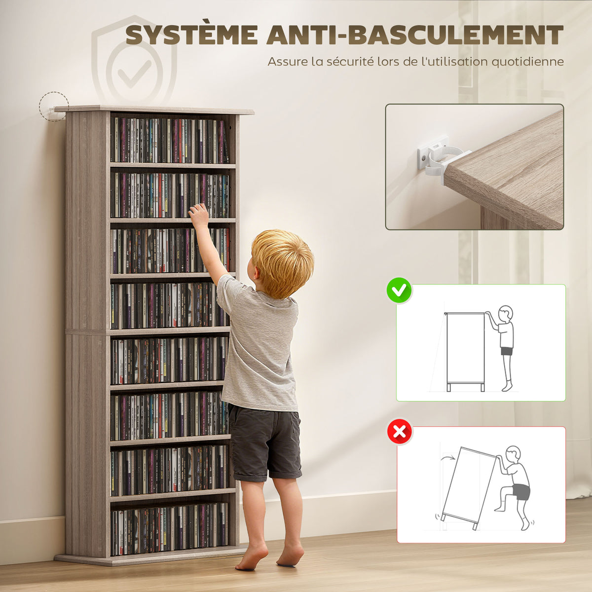 Rangements pour CD et DVD avec 8 compartiments et 6 étagères réglables, capacité max. 360 CD/185 DVD et Blu-ray, naturel-5
