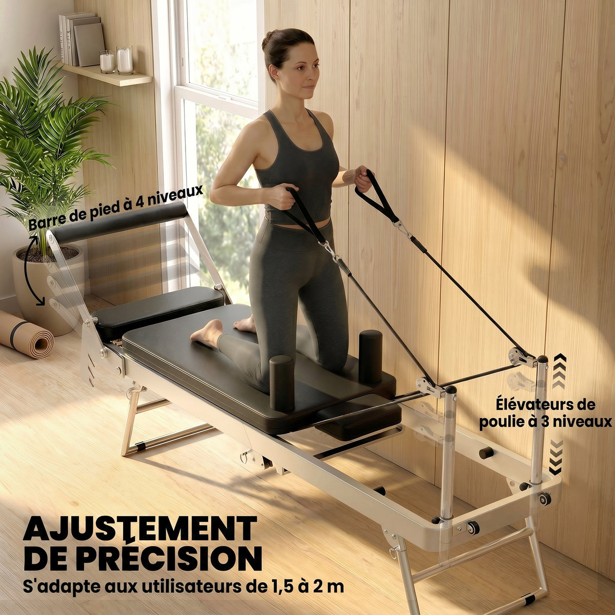 Machine Reformer Pilates Pliable Système Hybride 4 Ressorts & 5 Cordes Silencieux Acier 195 x 56 x 88 cm Blanc-5