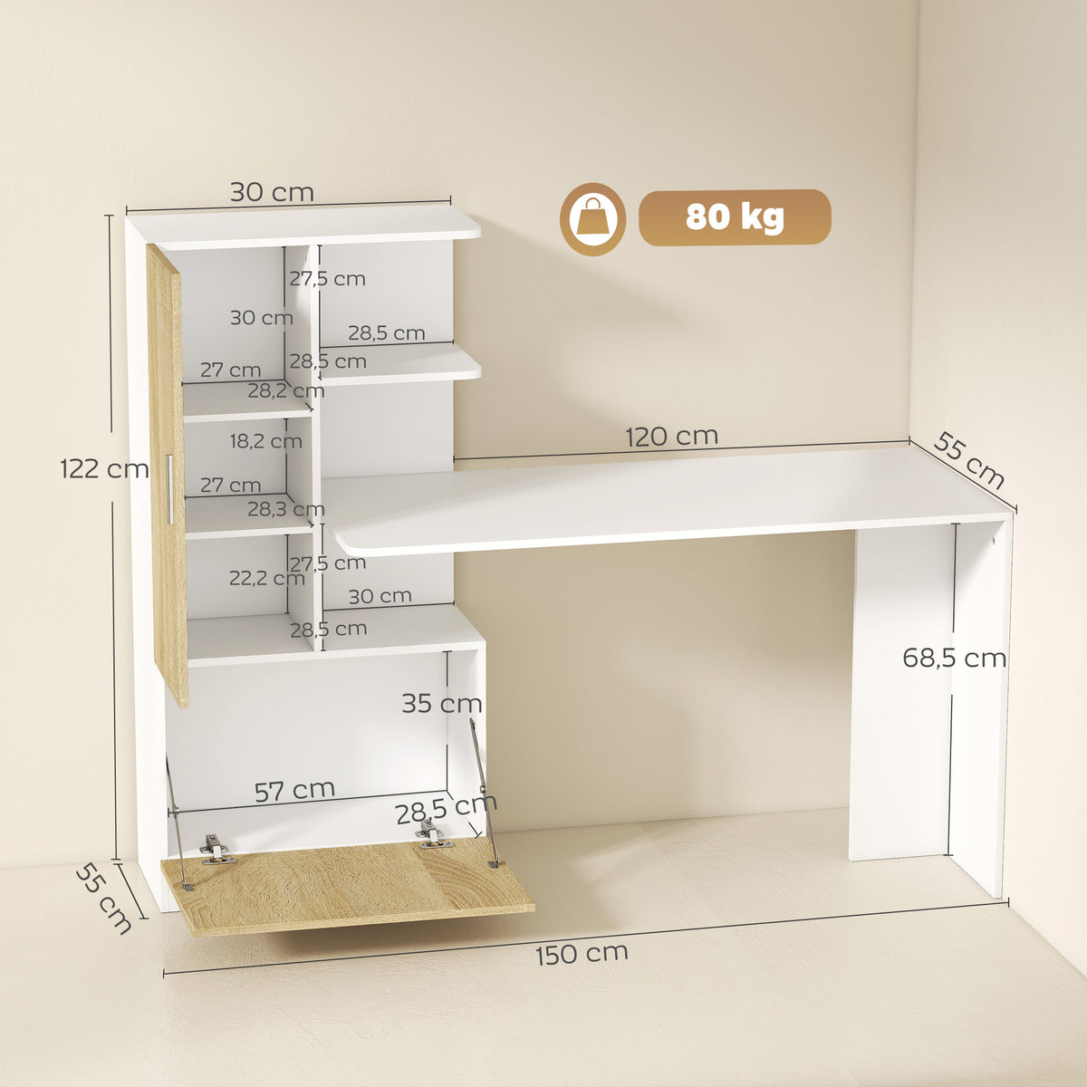 Bureau d'Ordinateur avec Bibliothèque, Bureau Informatique, Placard et Étagères Ouvertes, 150x55x122cm, Blanc et Naturel-2