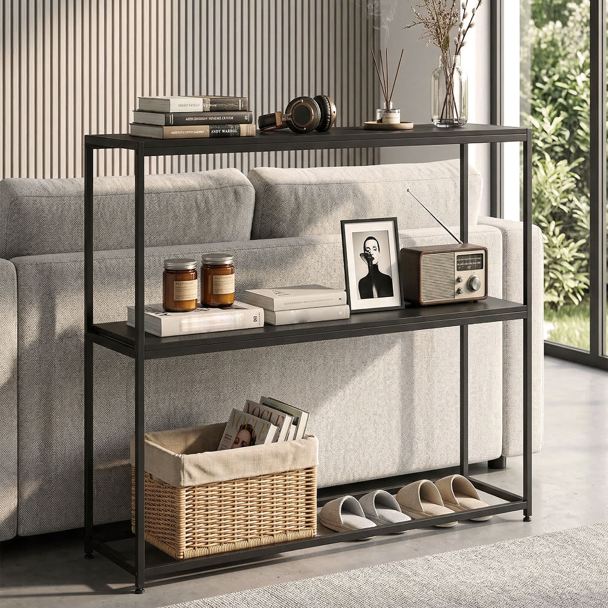 Table Console en Acier 2 Étagères Design Moderne pour Salon Entrée Couloir 100 x 30 x 87 cm Noir-8