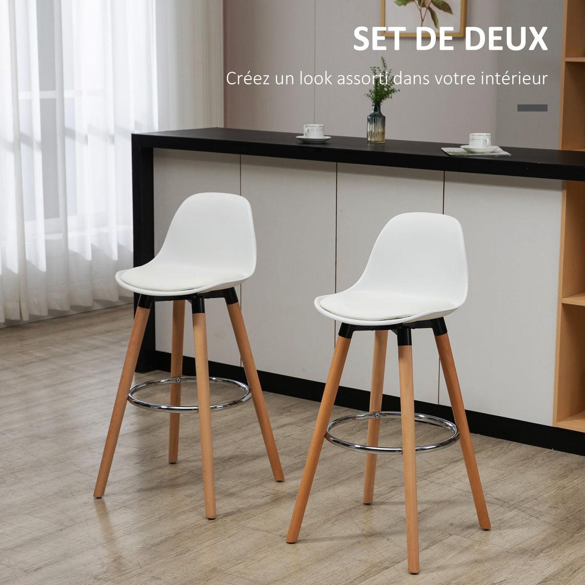 Lot de 2 tabourets de bar, chaises de bar en PU avec dossier et repose-pieds, assise rembourrée 69 cm, pieds en bois, style moderne, tabourets hauts pour cuisine, salle à manger, salon, blanc-3