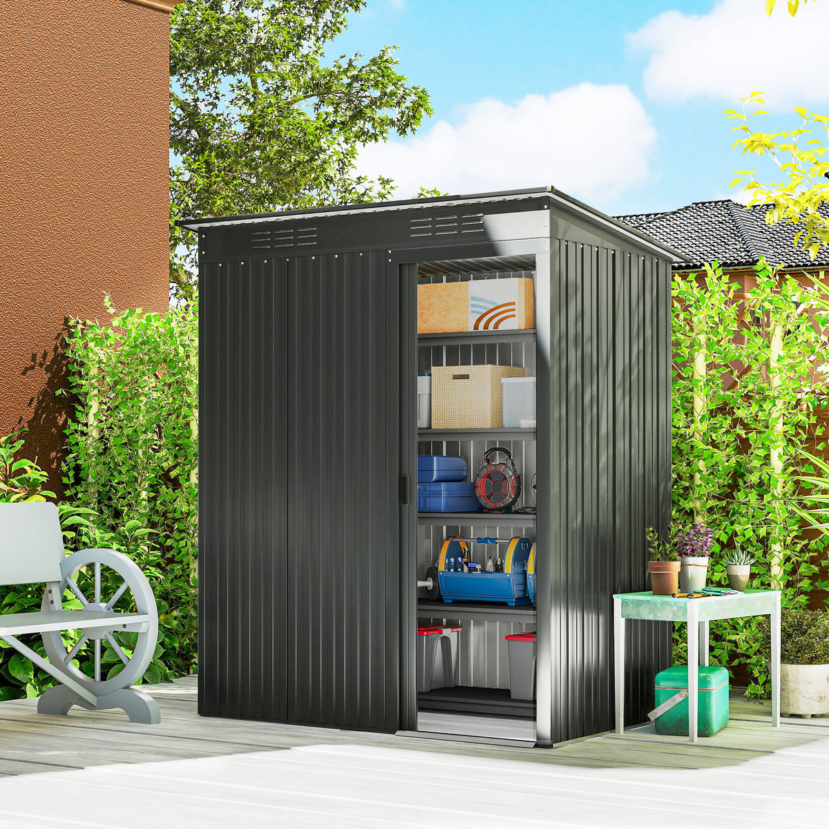 Abri de jardin en métal 1,37 m², cabane de jardin, 2 paires de gants, porte coulissante, 159x106x181cm, gris foncé-1