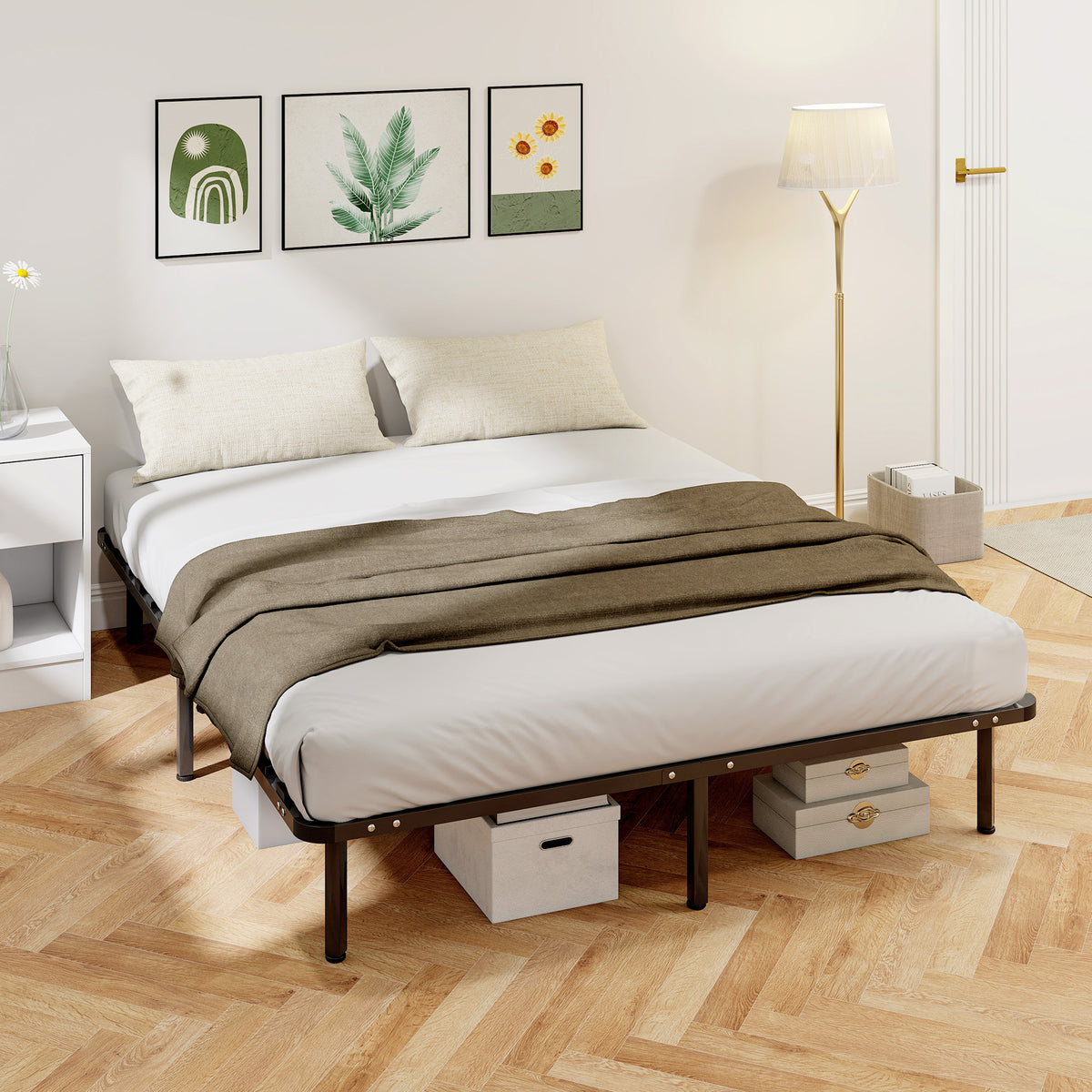 Cadre de lit 160 x 190 cm, lit 2 personnes en bois massif avec sommier à lattes et pied, rangement au-dessous, noir-1