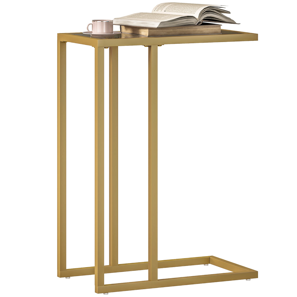Table d'appoint en forme de C avec plateau en verre trempé, cadre en acier, doré-9