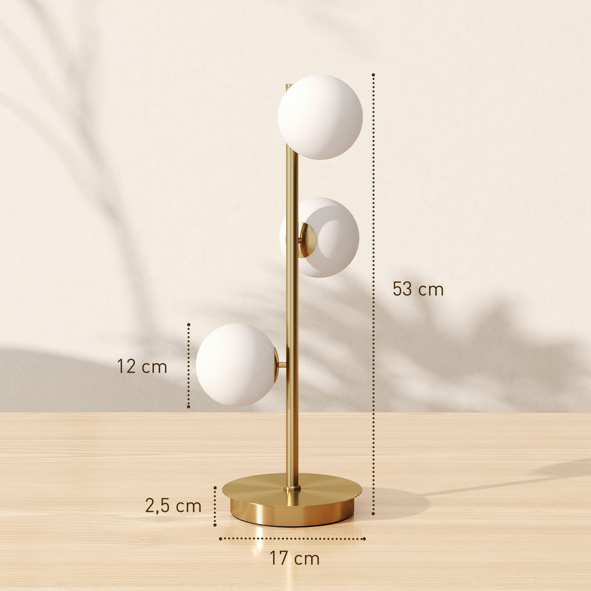Lampe de chevet avec 3 abat-jours globe, lampe de table moderne avec base en acier et douilles G9, 53H cm, ton laiton-2