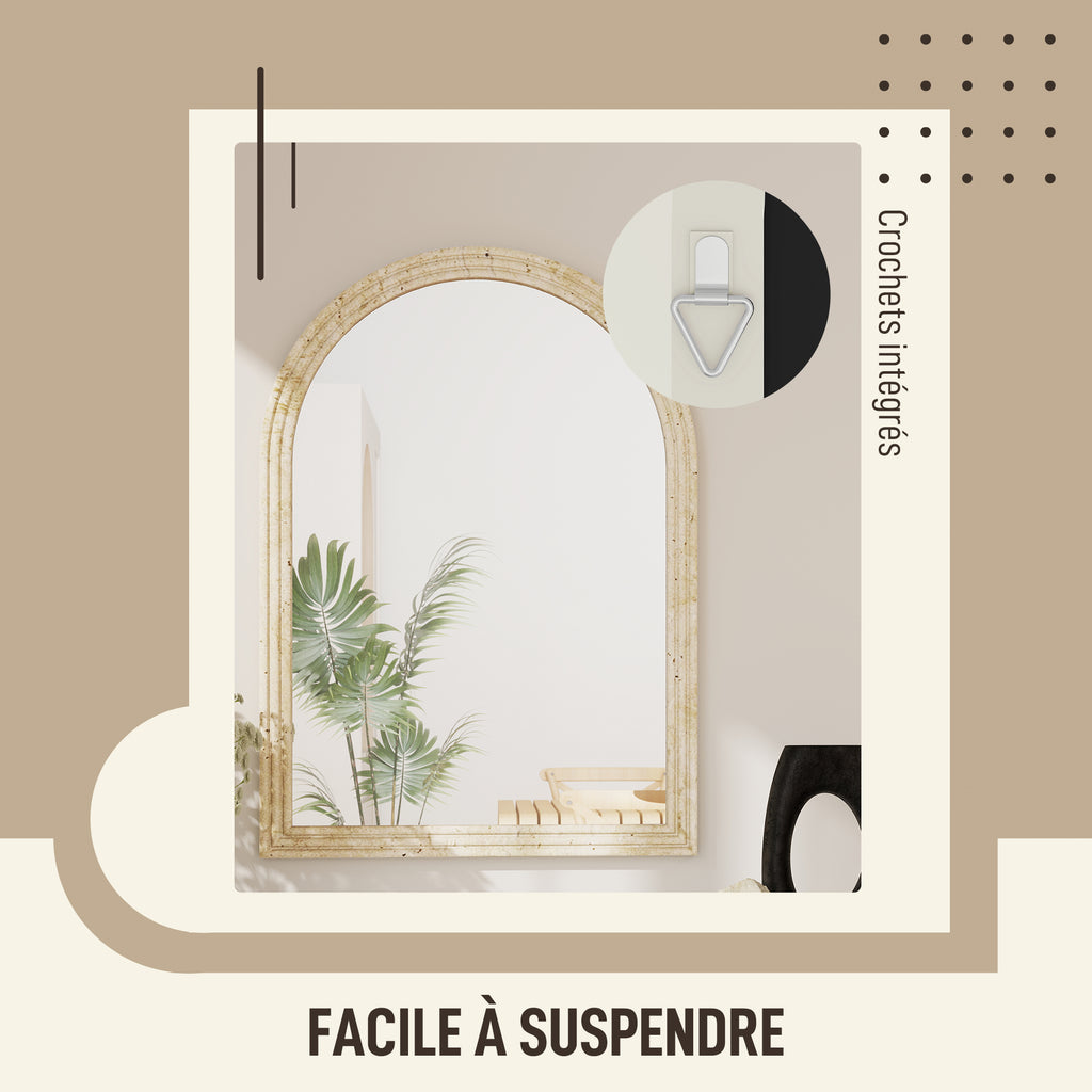 Miroir mural arqué, miroir moderne avec bord rainuré et crochets, verre trempé et polystyrène, 50 x 70 cm, beige-4