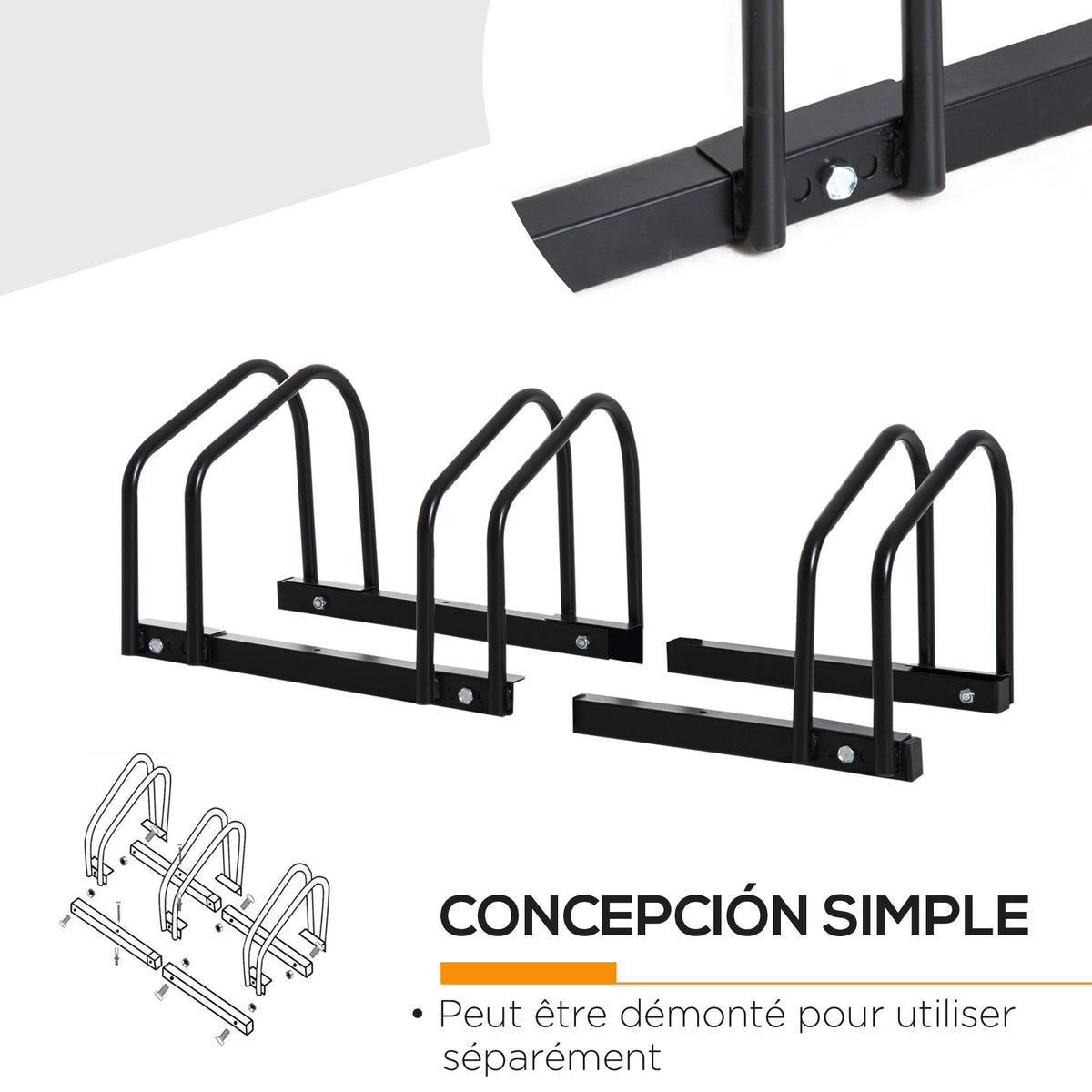 Râtelier 3 vélos -  - rangement pneu 65 mm sol ou mural - pour VTT enfants BMX - 76 x 33 x 27 cm - acier - noir-4