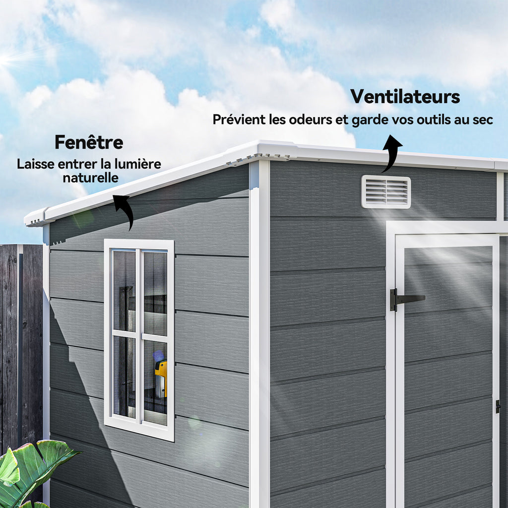 Abri de jardin extérieur 2,4 x 1,3 m, en résine avec plancher, fenêtre, portes verrouillables et aérations, gris-6