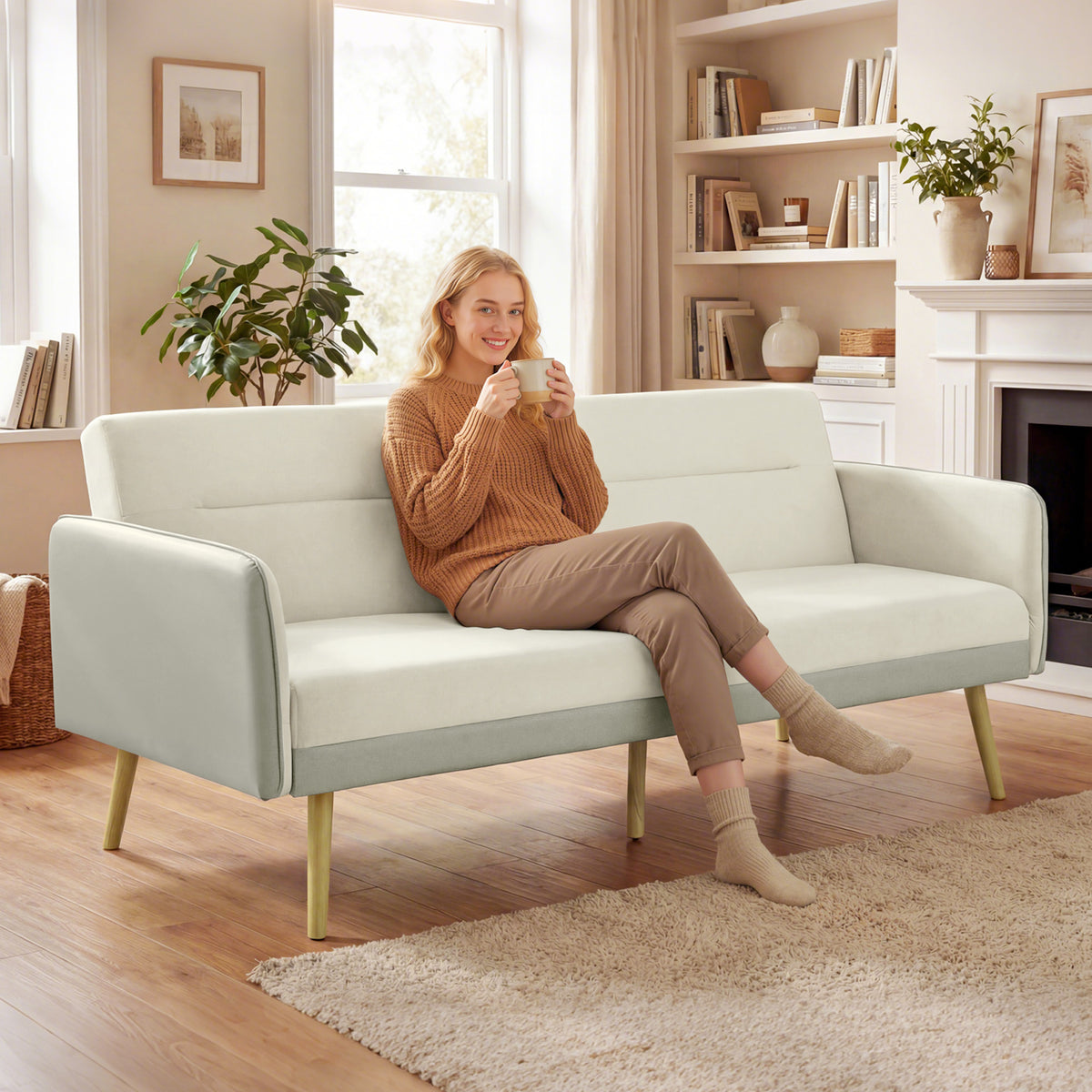 Canapé convertible 3 places 3 en 1, canapé-lit clic-clac, dossier réglable, assise rembourrée, 185 x 84 x 83 cm, beige-1