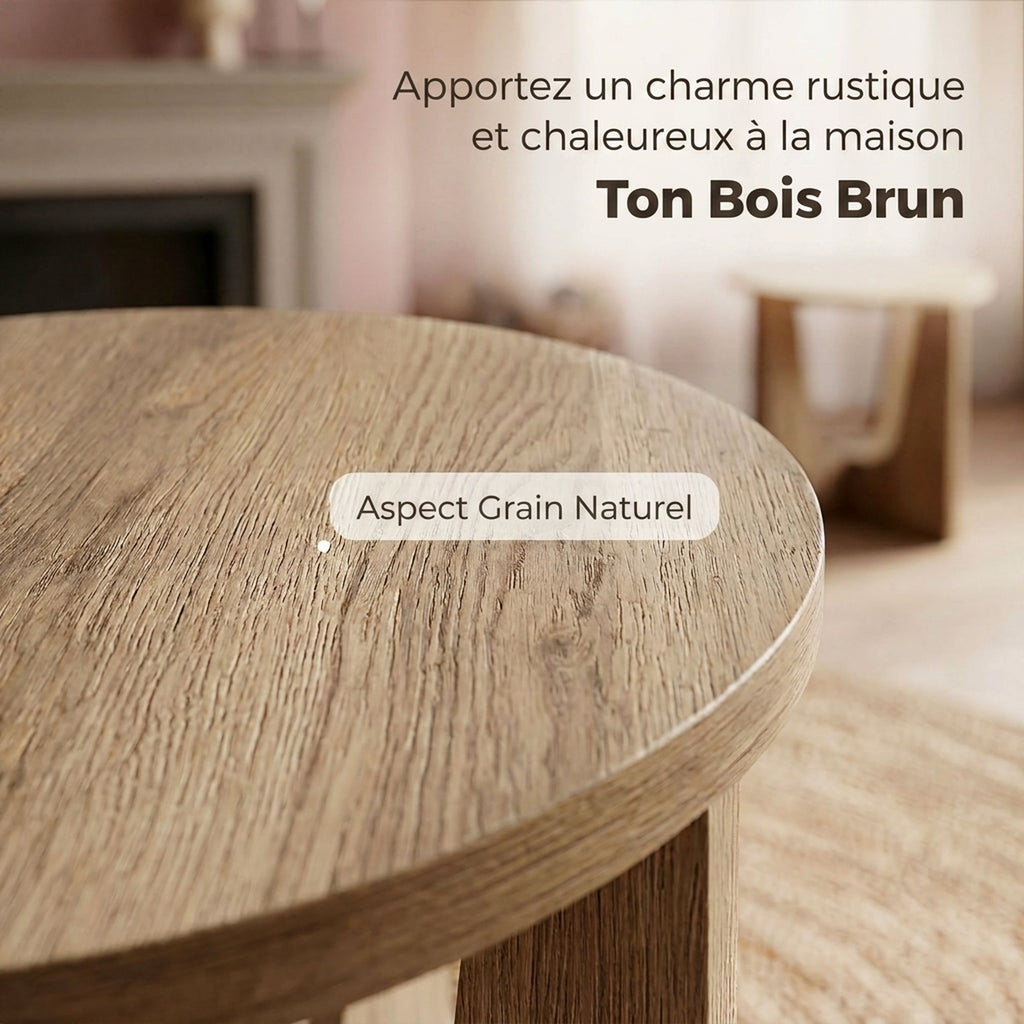 Table d'Appoint Ronde, Table de Salon avec Pieds Incurvés, Style Rustique, pour Salon, Chambre, Effet Bois Café-4