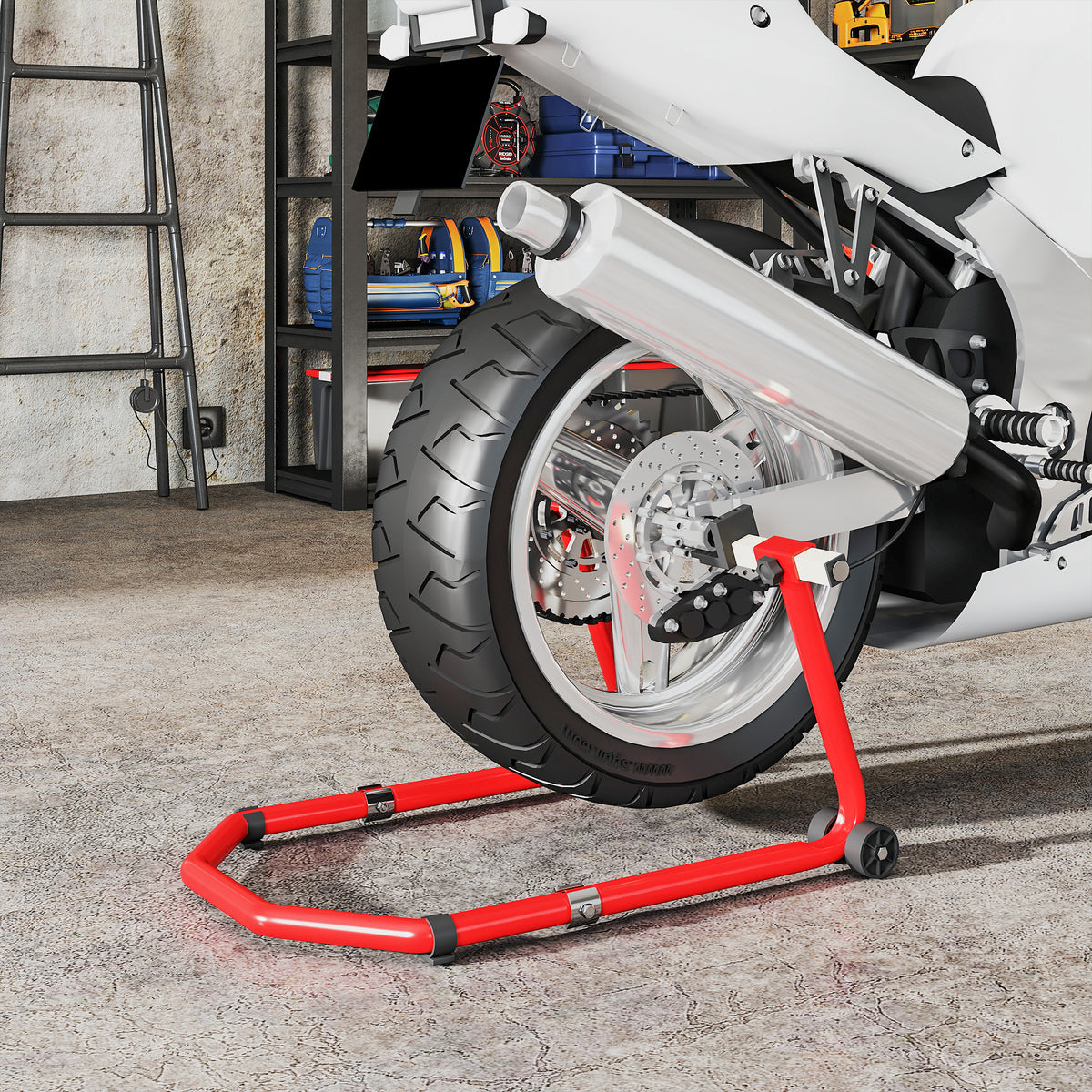 Béquille roue avant arrière charge 390kg béquille d'atelier moto bras réglable en acier, fourche en forme de U + L rouge-7