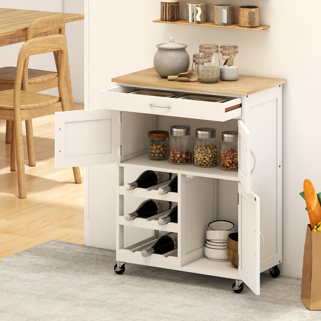 Desserte de cuisine multi rangements 2 placards tiroir casier 9 bouteilles MDF blanc plateau bois caoutchouc-6