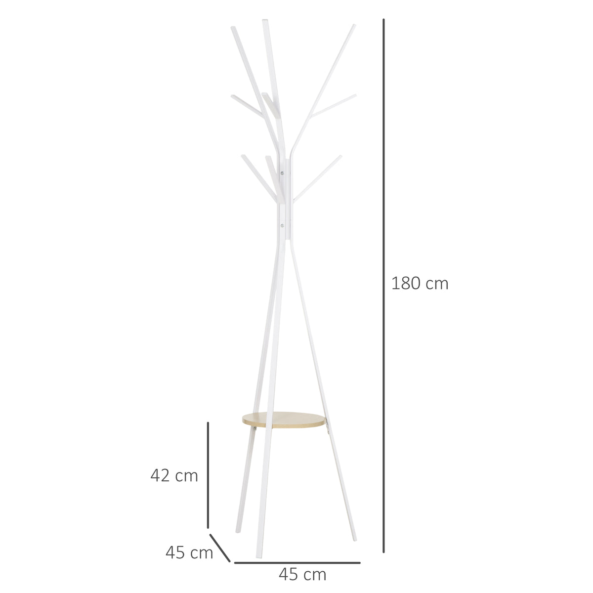 Porte-manteau trépied design contemporain branches étagère + 9 patères dim. 45L x 45l x 180H cm métal blanc-2