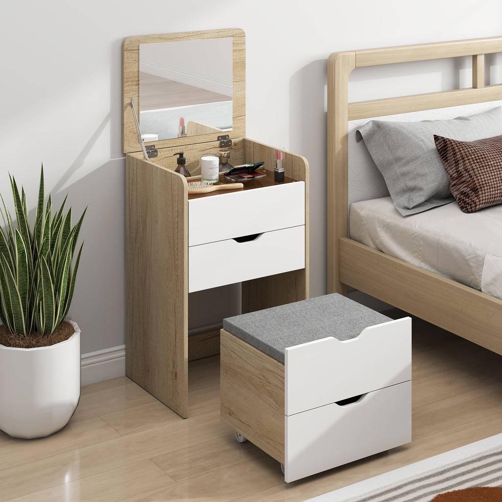 Coiffeuse avec miroir rabattable et tabouret de rangement, table de maquillage, 2 tiroirs, siège rembourré, chêne blanc-1