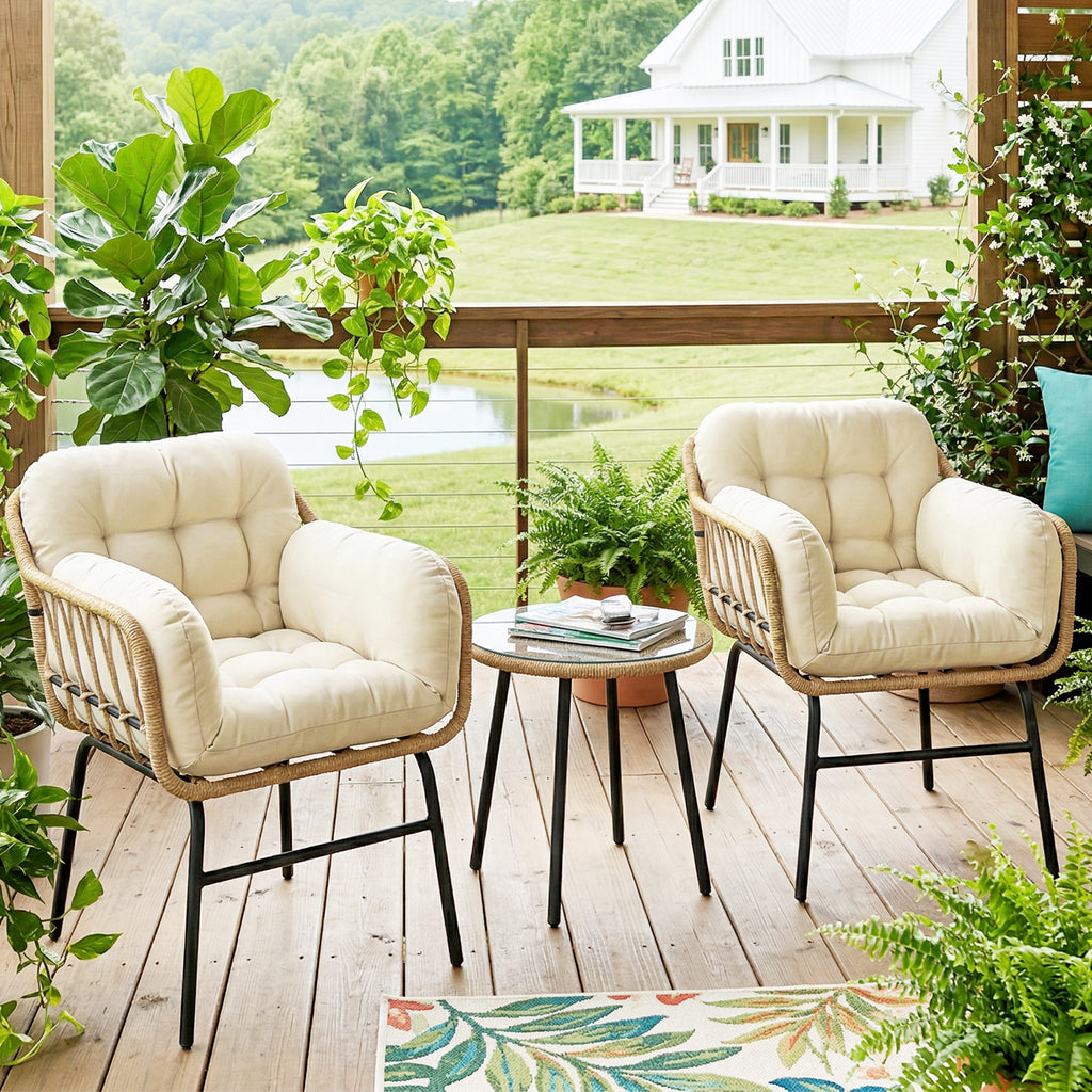 Salon de Jardin Extérieur 3 Pièces en Résine Tressée, Table en Verre Trempé, 2 Fauteuils avec Coussins, 62x73x79cm, Crème-8