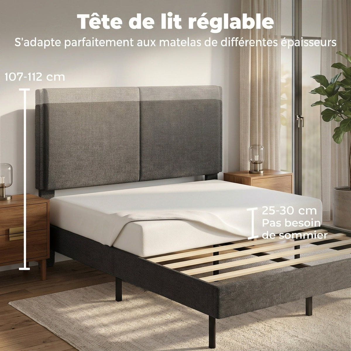Cadre de Lit 140 x 190 cm avec Sommier et Tête Réglable, Lit Double Rembourré en Lin, Rangement au-dessous, Gris-3