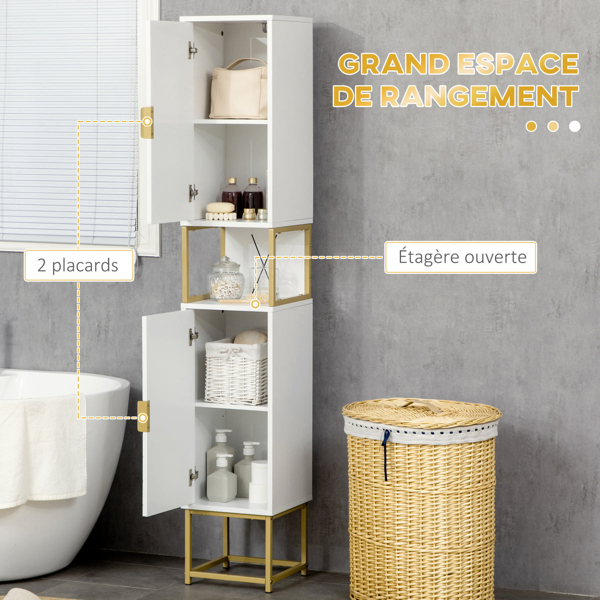 Meuble colonne rangement salle de bain avec niche et 2 placards étagère réglable pieds en acier-3