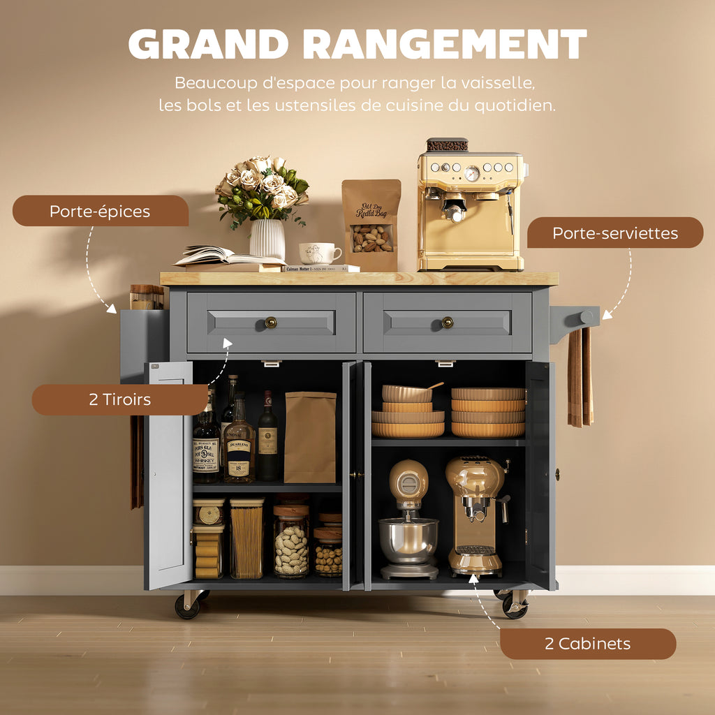 Desserte ilôt de cuisine multi rangements 2 tiroirs 2 placard 2 portes avec étagère range-bouteille-5