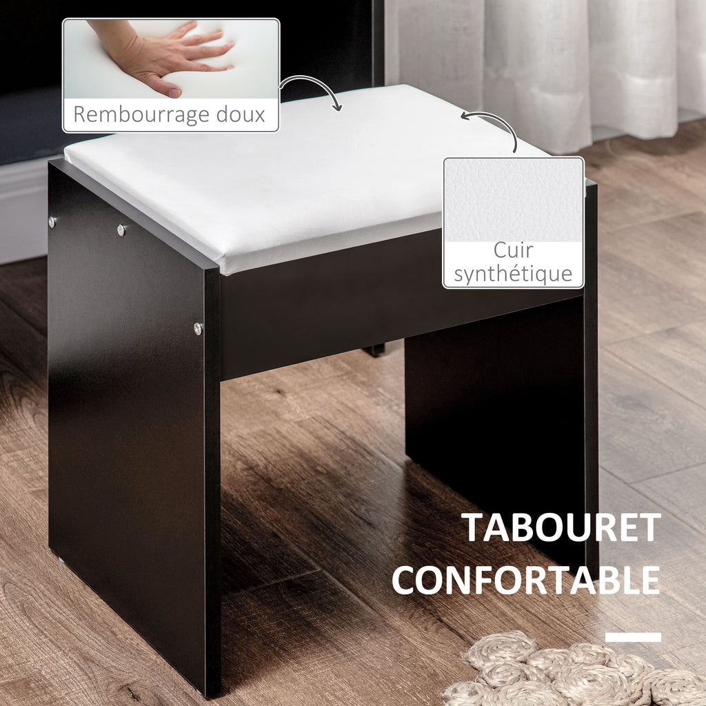 Ensemble de coiffeuse table de maquillage avec tabouret rembourré grand miroir + plusieurs étagères ouvertes + 4 tiroirs blanc noir-5