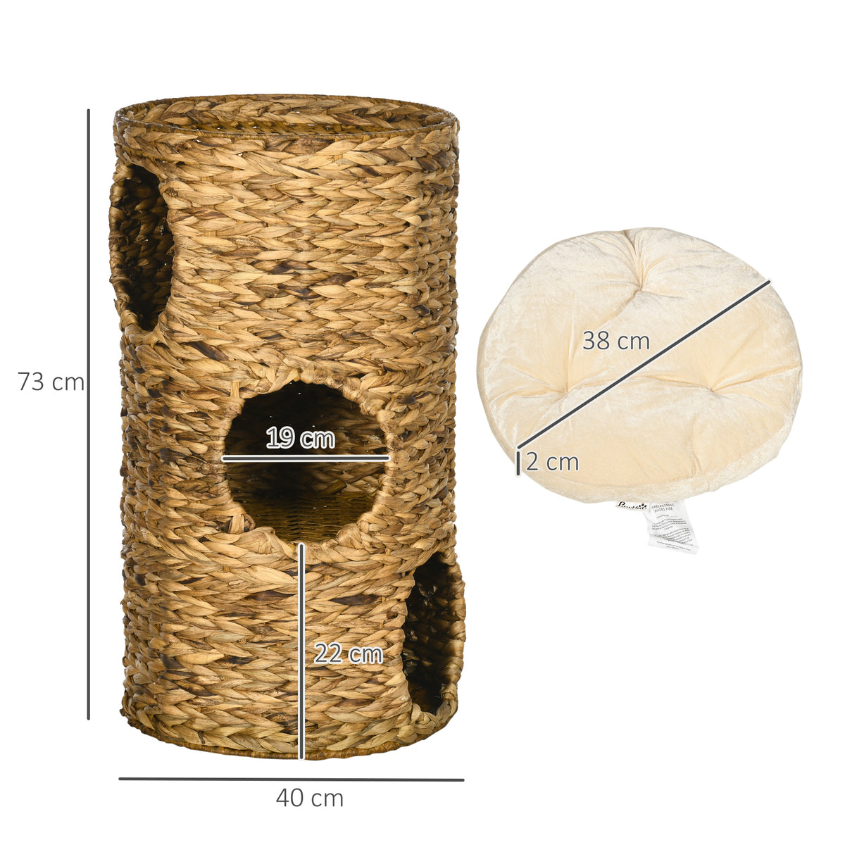 Tonneau à Gratter pour Chat 3 Niveaux, Coussins, Tressage en Jacinthe d'Eau, Cadre en Acier, Ø 40 x 73 cm, Marron Clair-2
