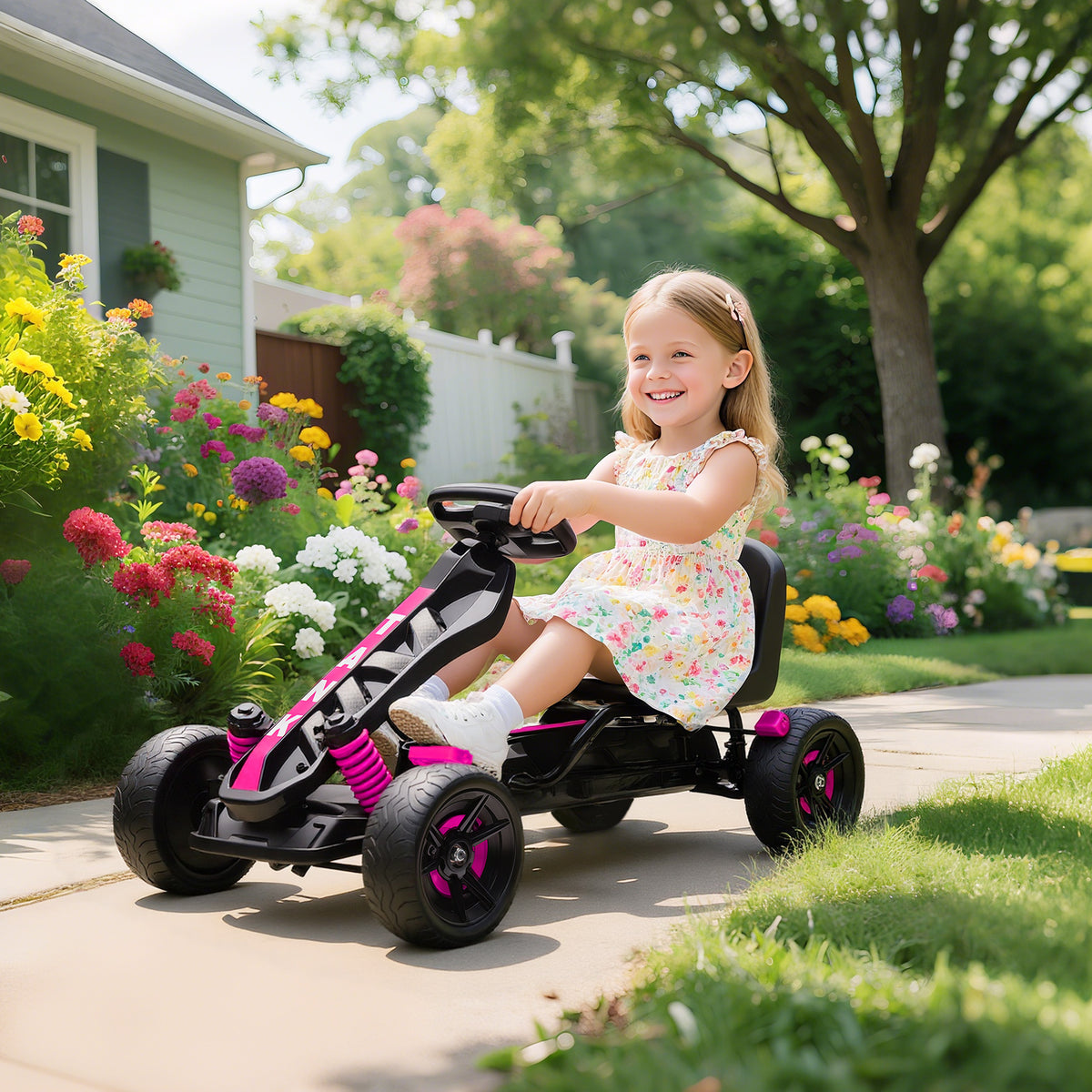 Kart à pédales pour enfants, karting enfant 3 à 6 ans avec roue libre, frein, roues EVA antidérapantes, rose-1