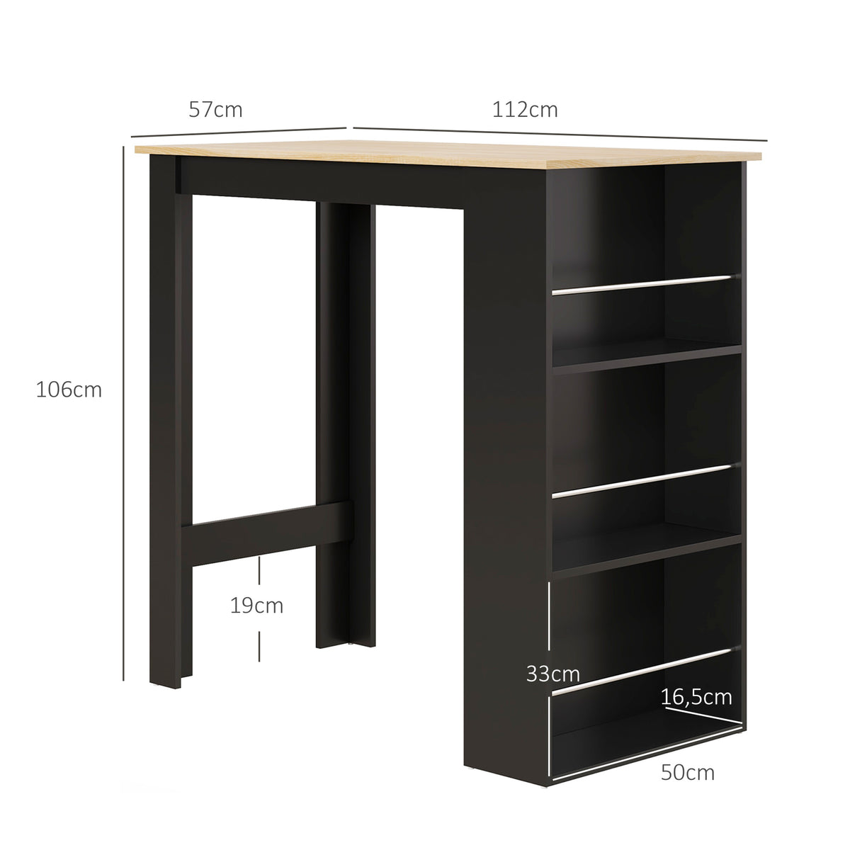 Table de bar table haute de cuisine mange-debout comptoir - dim. 112L x 57l x 106H cm - 3 étagères - noir-2
