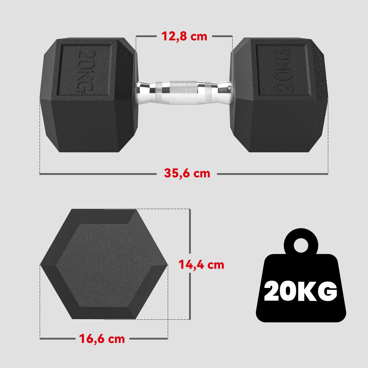 Haltère courte poids 20 Kg - 1 pièce, Haltère hexagonale entraînement musculaire & haltérophilie - métal caoutchouc noir-2