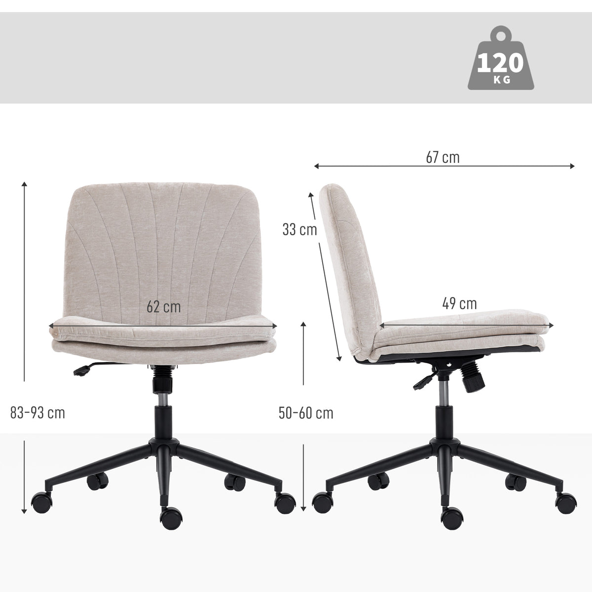 Chaise de bureau sans accoudoirs, fauteuil de bureau en chenille, hauteur réglable, 62 x 67 x 83-93 cm, beige-2