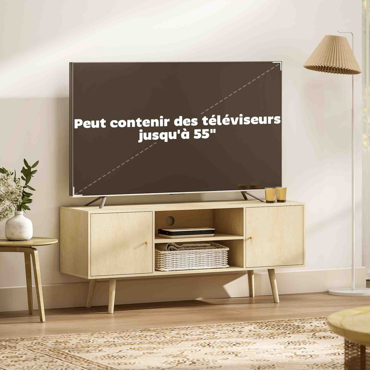 Meuble TV meuble télé pour téléviseur jusqu'à 55 pouces 2 placards et 2 étagères ouvertes 120x34x50cm effet bois naturel-6