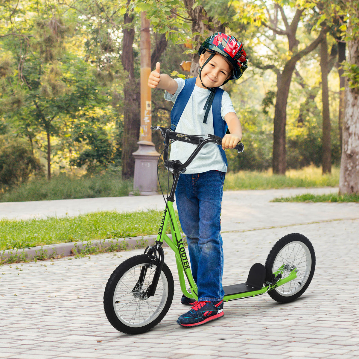 Trottinette patinette pour Enfants à partir de 5 Ans Grands pneus Guidon réglable poignée Frein et béquille Acier Vert-1