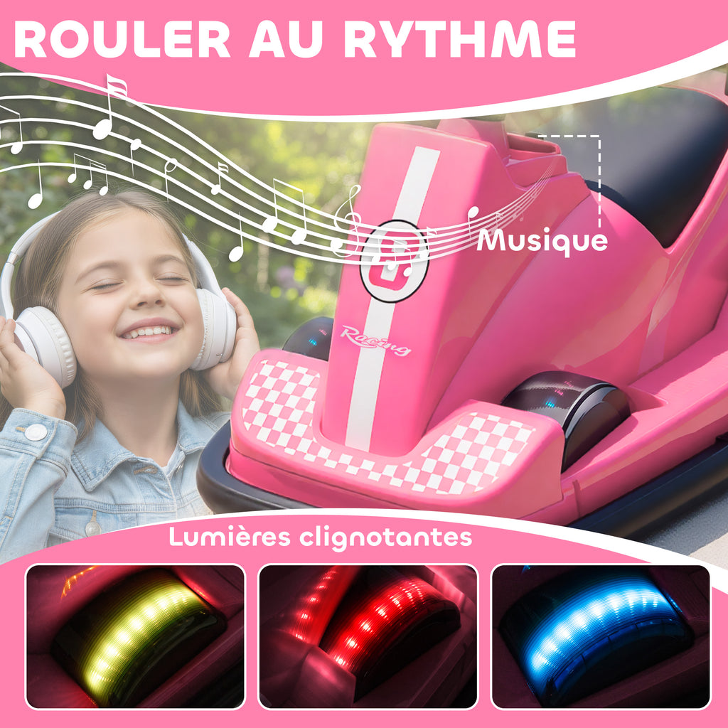 Auto-Tamponneuse Enfant 6V, Rotation à 360°, Musique, Klaxon, Démarrage Doux, 2,5 km/h, pour Âges 3-8, 74x53x48cm, Rose-7