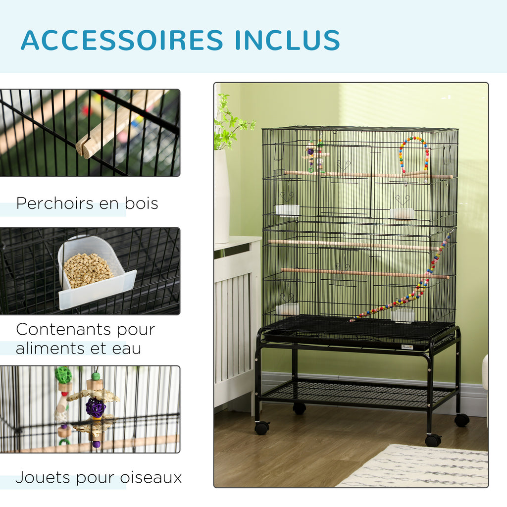 Cage à oiseaux sur pieds roulettes avec 4 mangeoires et 3 perchoirs 79 x 49 x 133 cm noir-4