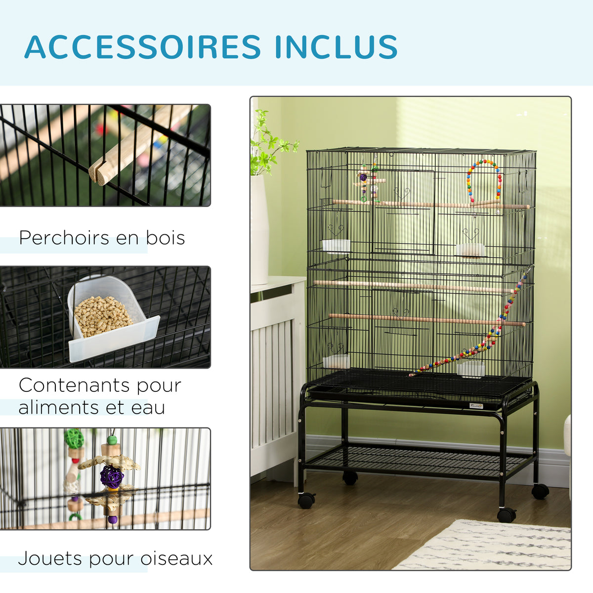 Cage à oiseaux sur pieds roulettes avec 4 mangeoires et 3 perchoirs 79 x 49 x 133 cm noir-4