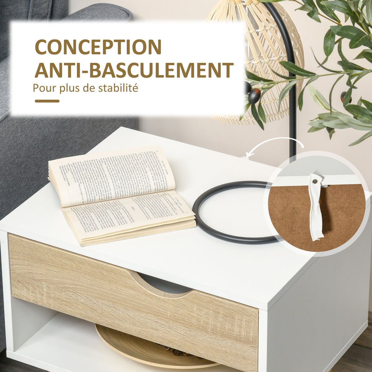 Table de chevet, table de nuit, avec tiroir, design moderne, pieds en bois massif, 50 x 39 x 51 cm, blanc et bois naturel-6