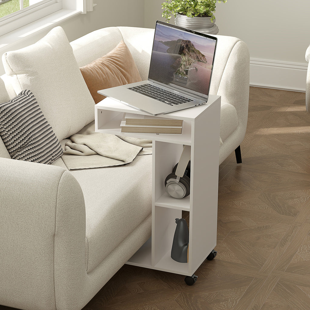 Table d'appoint en forme de C avec roulettes, avec 3 compartiments et 1 étagère ouverte, 40 x 30 x 69 cm, blanc-9