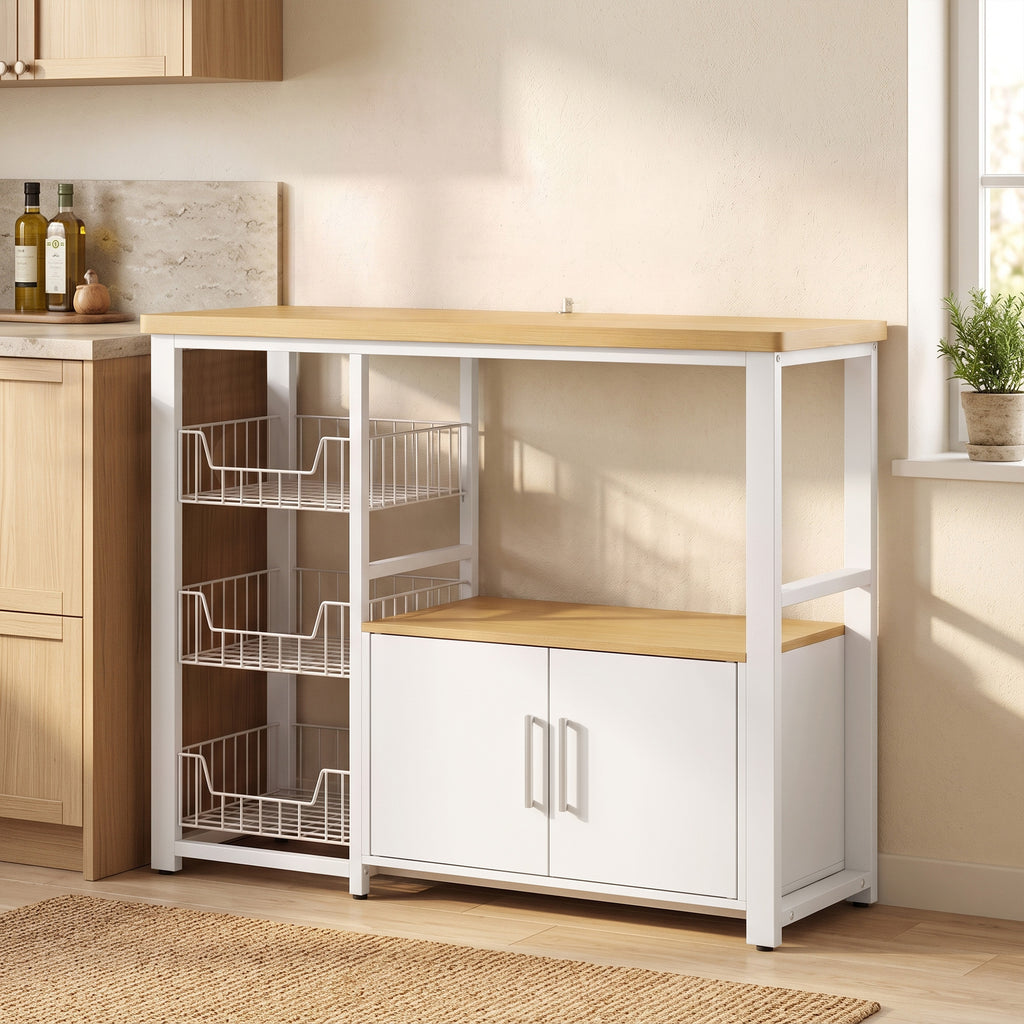 Étagère de rangement de cuisine avec paniers coulissants et placard, support micro-ondes, 100 x 35 x 80 cm, blanc-1
