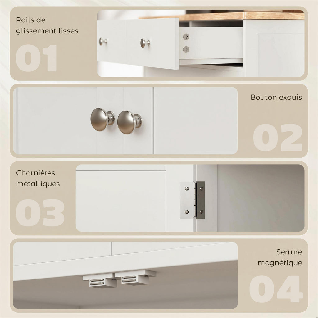 Meuble de rangement buffet salon avec placards à portes, 2 tiroirs et étagère réglable, armoire de rangement pour salon, cuisine, chambre, blanc et bois naturel-6