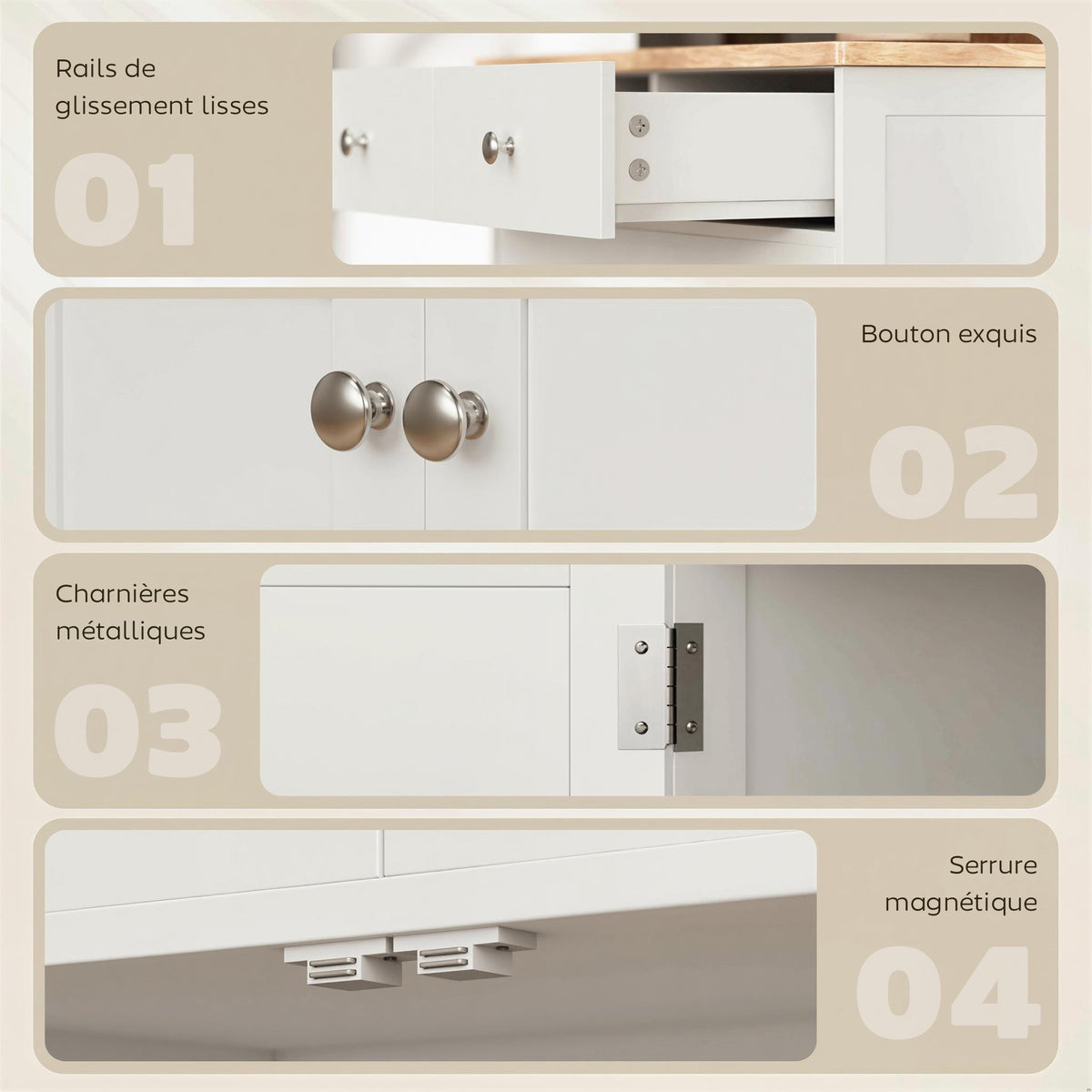 Meuble de rangement buffet salon avec placards à portes, 2 tiroirs et étagère réglable, armoire de rangement pour salon, cuisine, chambre, blanc et bois naturel-6