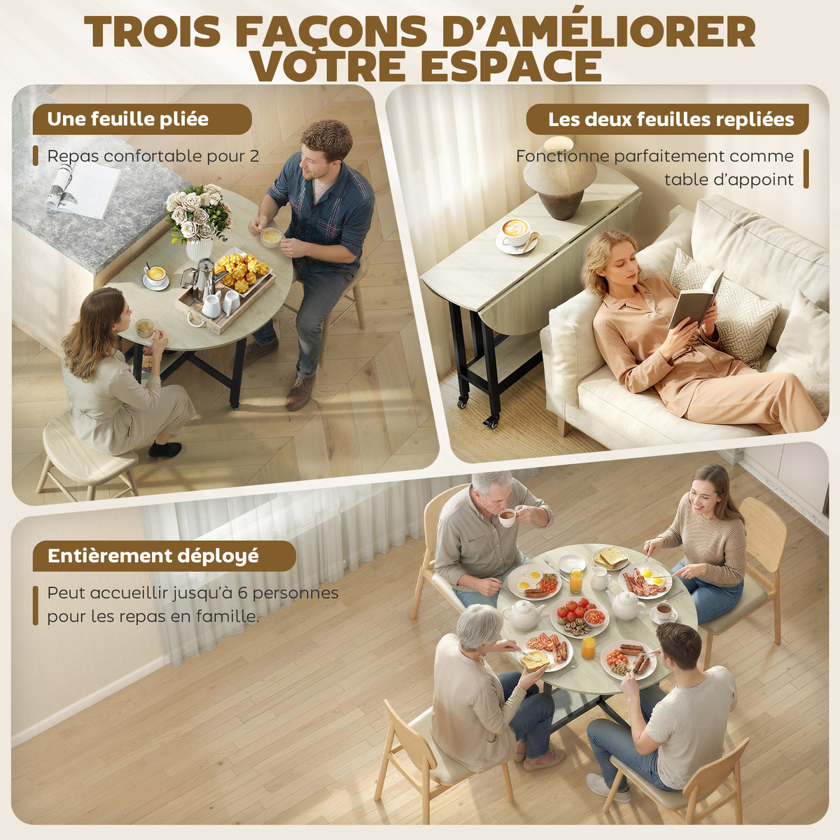 Table à Manger Pliante sur Roulettes, Table de Cuisine pour 4 Personnes, Étagère Intégrée, 100 x 100 x 75 cm, Naturel-3